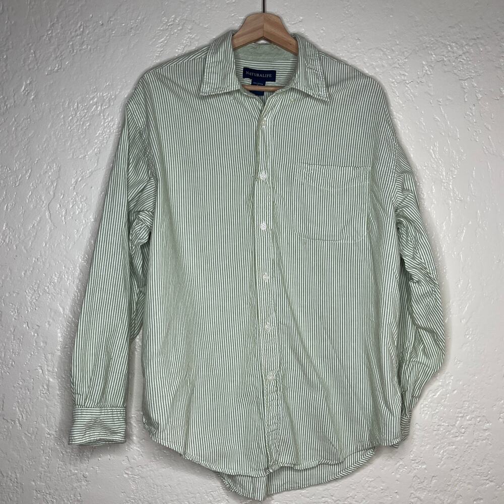 Natural Life Striped Button Shirt Boho Casual Cotto Men Green White Large